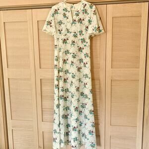 Vintage White Floral Print Maxi Dress 1960s Prairie Wedding Dress